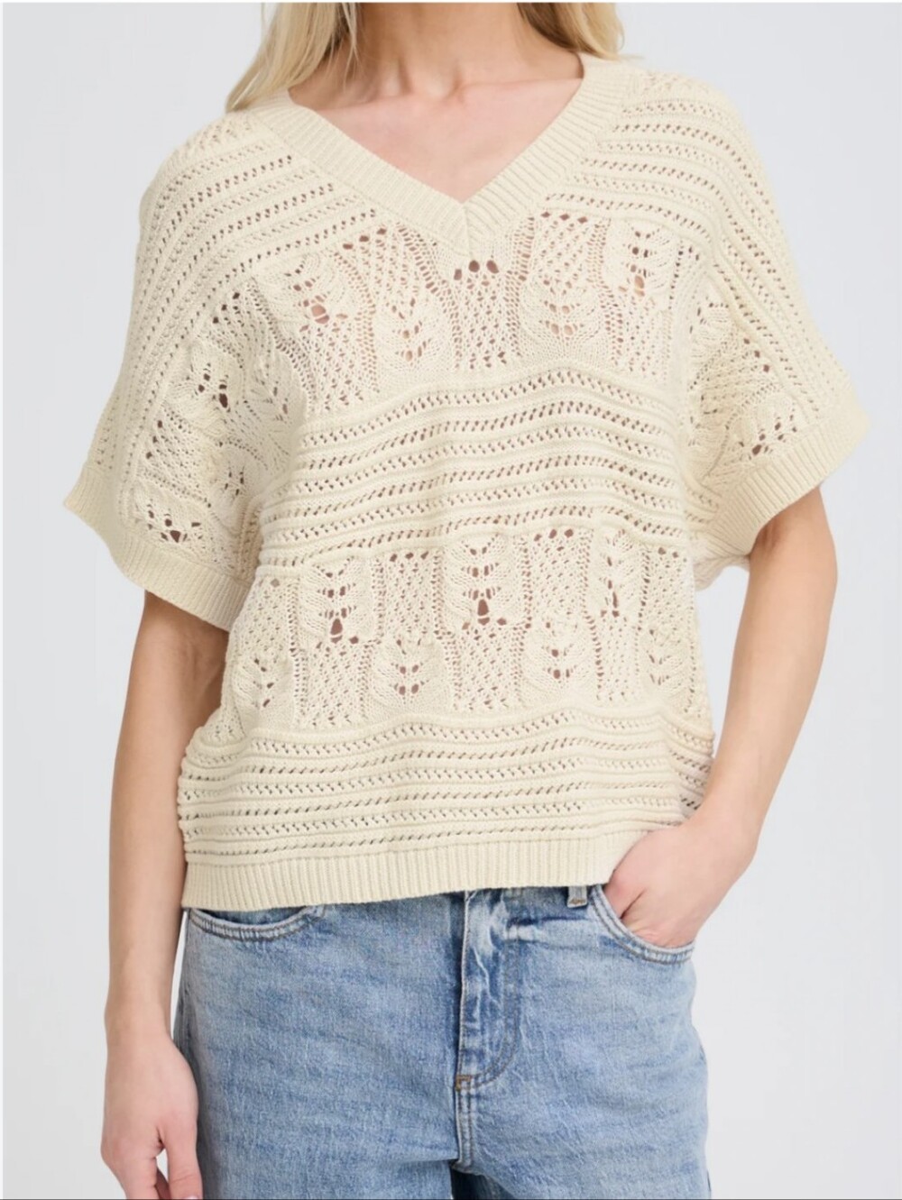 B. Young Cream Ecru Crochet Pullover Sweater "Nero" Style Size Large 100% Cotton